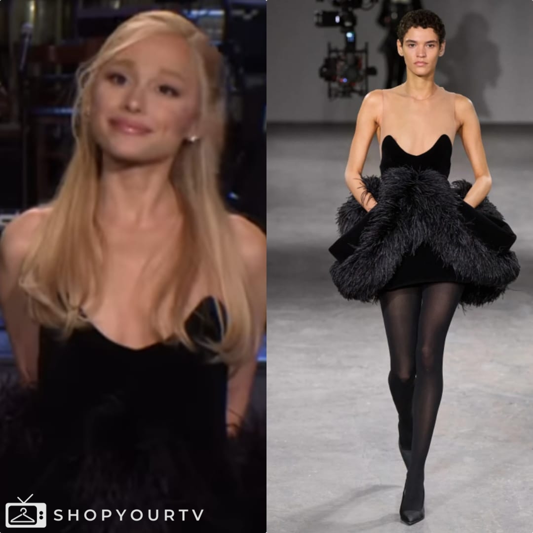 SNL: Season 49 Episode 14 Ariana's Black Feather Dress - | TV Fashion & Outfits