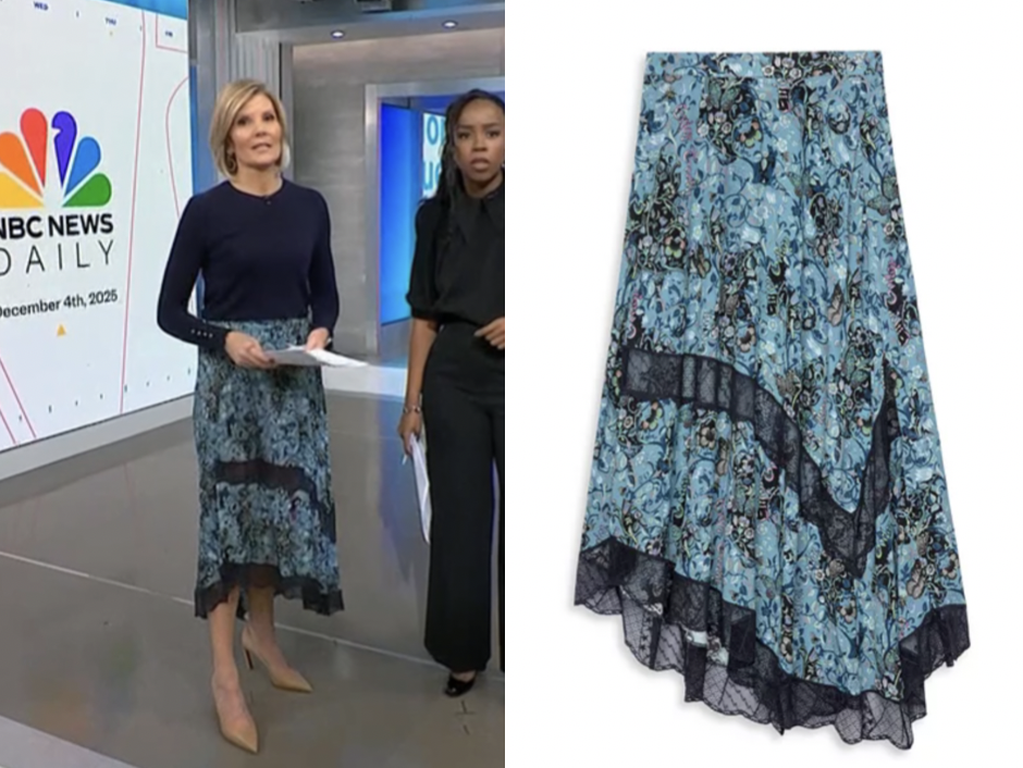 NBC News Daily: December 2025 Kate Snow’s Blue Floral Silk Midi Skirt ...