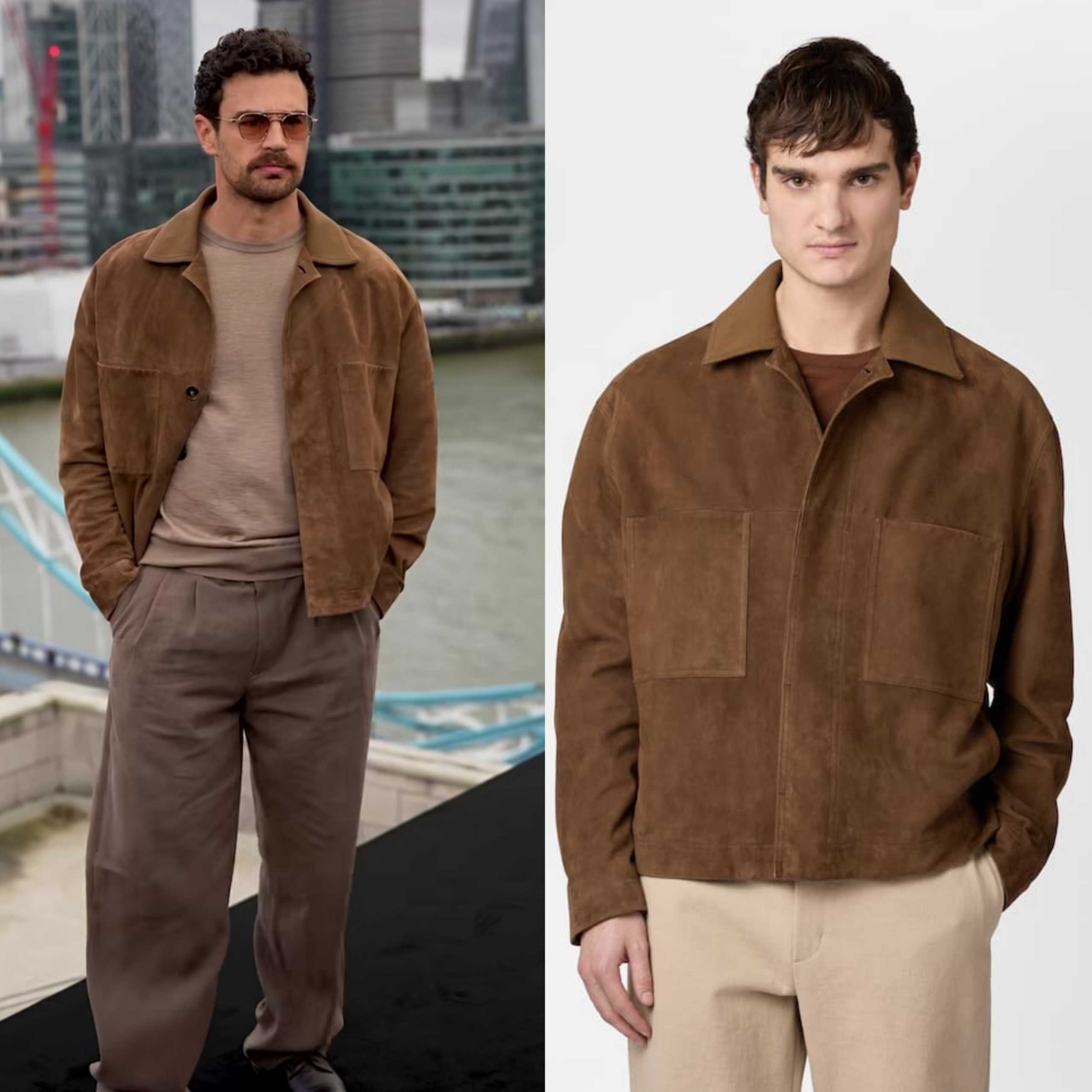 Press Junket: 2026 “Fuze” Theo James's Brown Suede Jacket | Shop