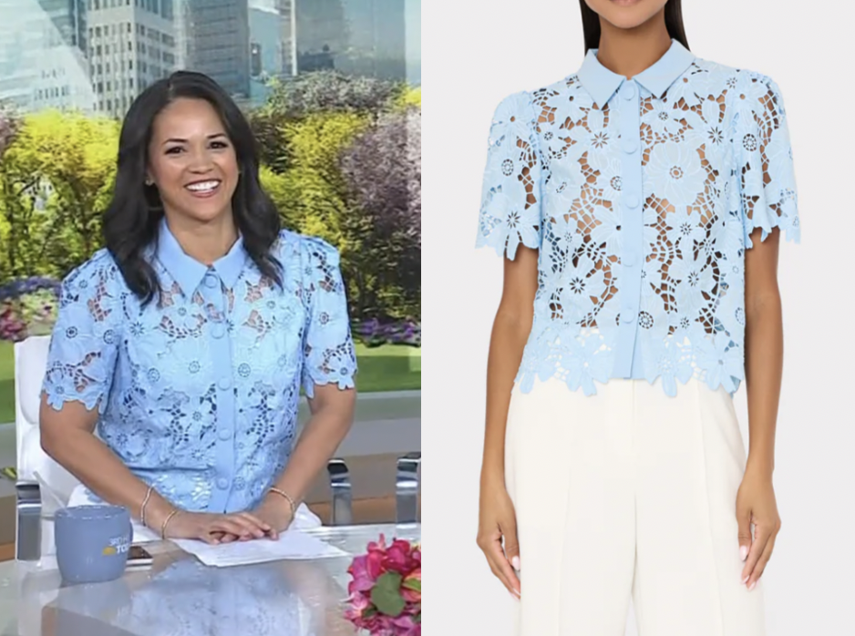 The Today Show: April 2026 Laura Jarrett's Light Blue Floral Lace Top ...