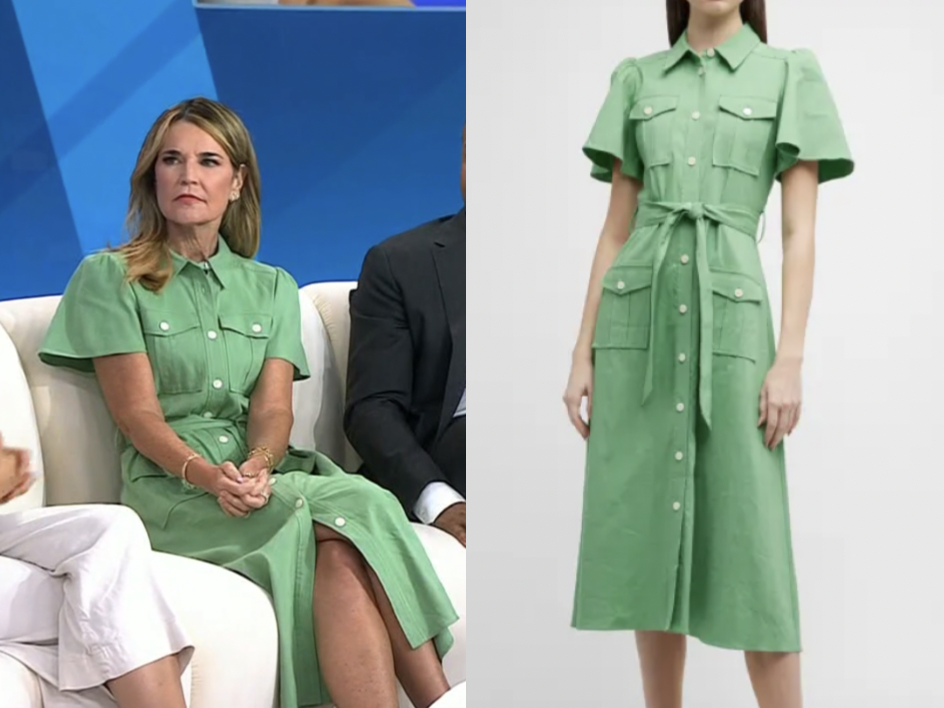 savannah guthrie green dress today The Today Show: November 2025 Savannah Guthrie's Green Printed Mesh Midi Shirt Dress