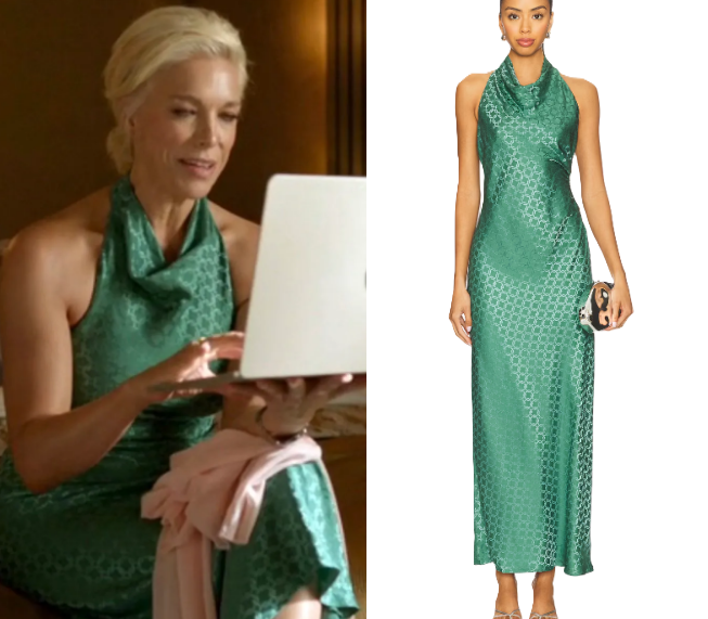 rebecca ted lasso green dress Lasso: Season 4 Episode 1 Rebecca's Printed Halter Neck Silk - | TV Fashion & Outfits ruffle skirt wedding dress